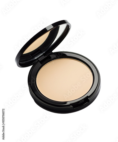 Close-up of an open compact powder case with a sleek black design. Isolated on transparent white background, png