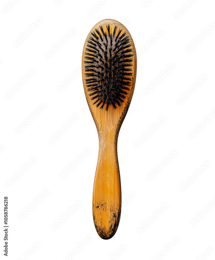 A worn wooden hairbrush with dark bristles. Isolated on transparent white background, png A worn wooden hairbrush with dark bristles. Isolated on transparent white background, png