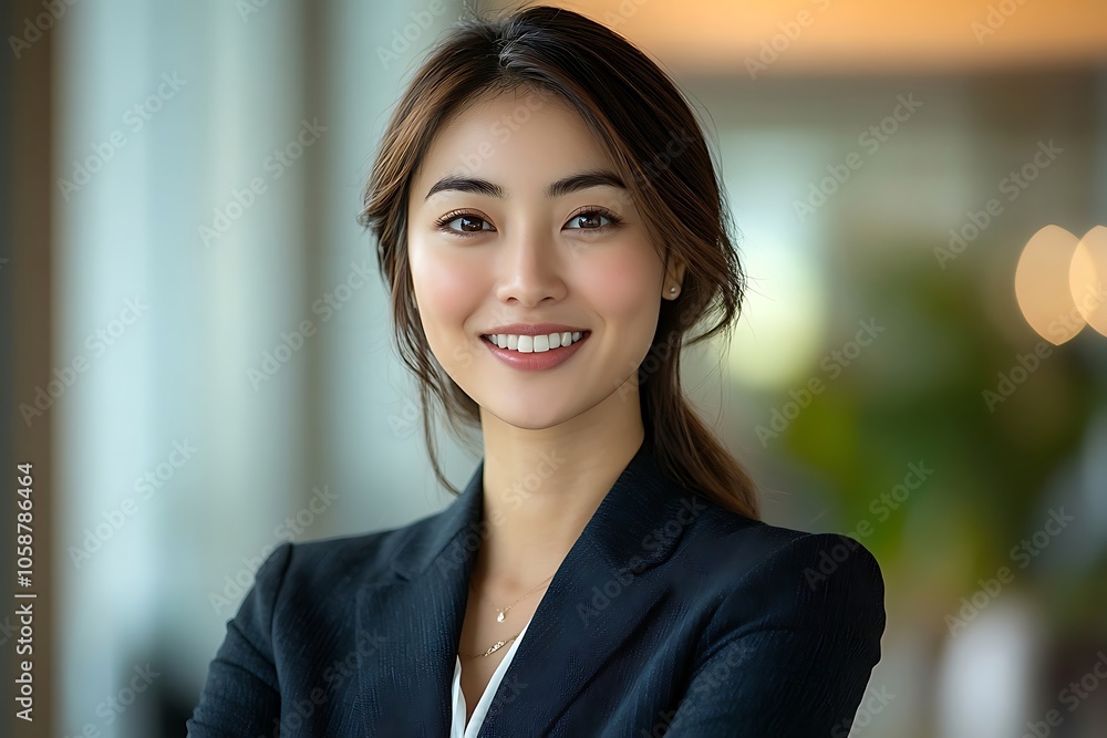 Smiling Asian Businesswoman in Suit with Long Hair and Necklace Smiling Asian Businesswoman in Suit with Long Hair and Necklace