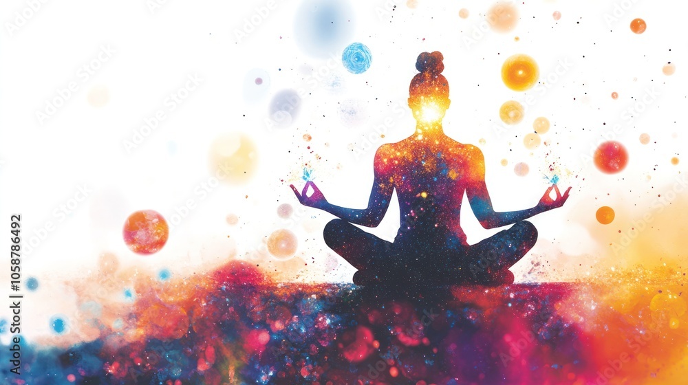 a yoga practitioner meditating, with radiant orbs of light and abstract energy fields surrounding them, a yoga practitioner meditating, with radiant orbs of light and abstract energy fields surrounding them,