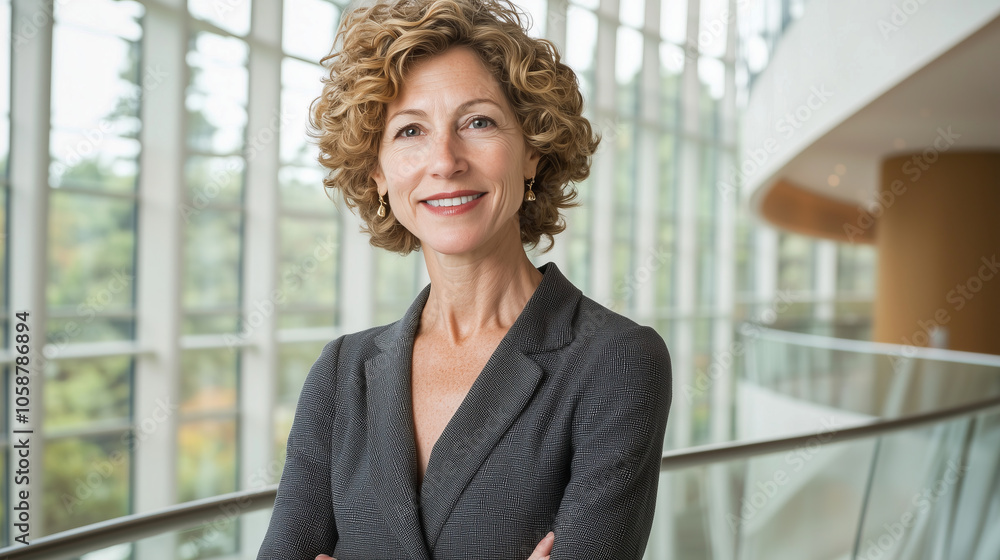 Smiling businesswoman in a suit, standing in a modern building. Smiling businesswoman in a suit, standing in a modern building.