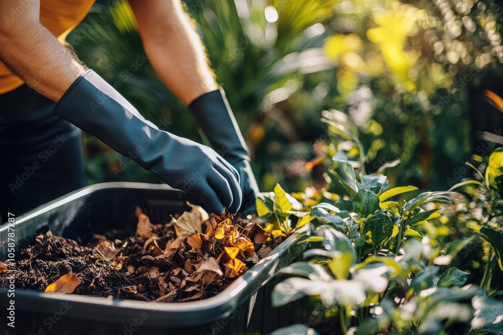Fototapeta premium Close-Up of Woman Adding Organic Waste to Home Compost Bin for Backyard Gardening