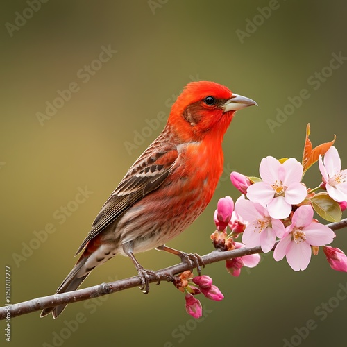 Vibrant bird perched on a flowering branch in soft focus