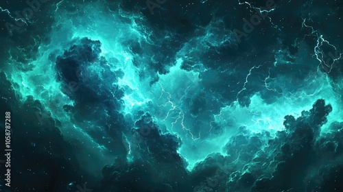 Teal night sky featuring dramatic storm clouds flashes of lightning and an air of mystery