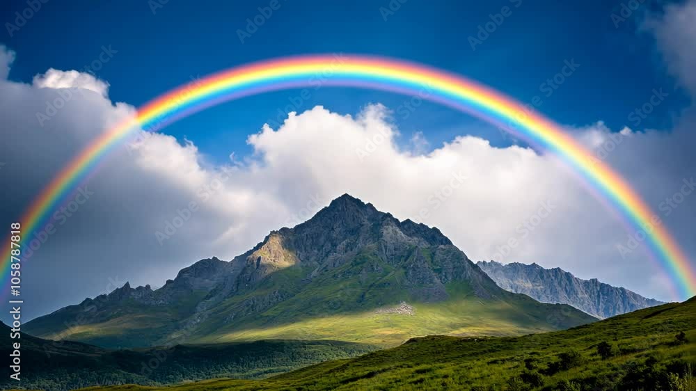 Vibrant rainbow over a majestic mountain landscape under a blue sky, symbolizing hope and nature Vibrant rainbow over a majestic mountain landscape under a blue sky, symbolizing hope and nature