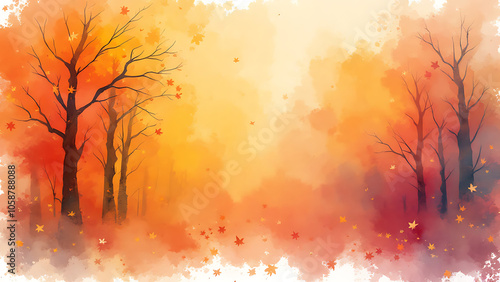 Watercolor Autumn Vibrant Orange Landscape with Trees