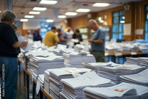 A Busy Scene Inside a Voting Center with Multiple People Sorting Through Stacks of Papers and Ballots photo