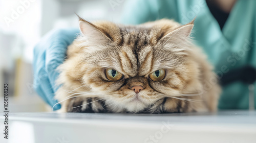 Close up of a grumpy fluffy cat on an examination table being examined by a veterinarian at a veterinary clinic. The cat's owner brings his cat to the veterinarian for a health check at the clinic. photo