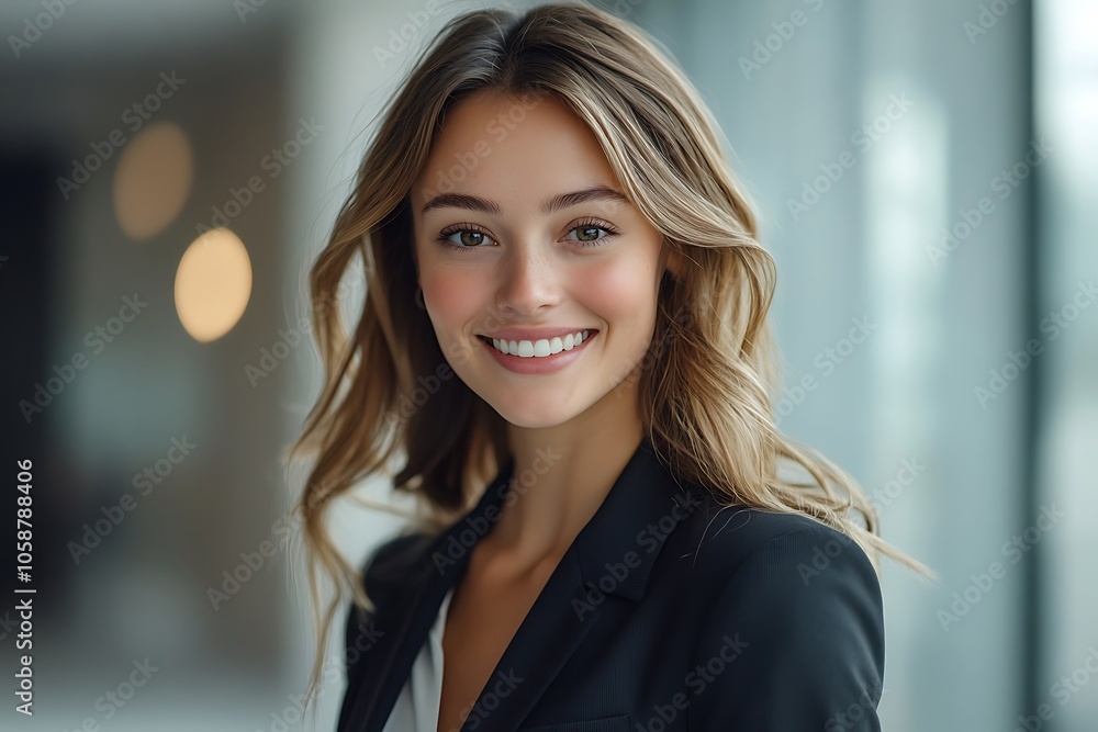 Smiling Blonde Businesswoman with Wavy Hair Looking at Camera Smiling Blonde Businesswoman with Wavy Hair Looking at Camera