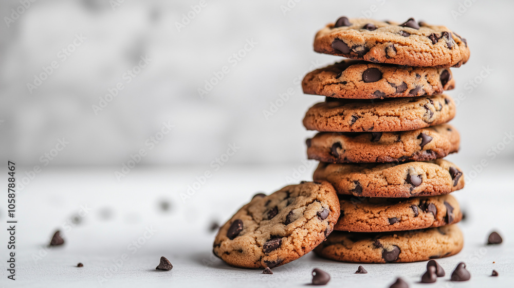 Stack of homemade chocolate chip cookies on white background with copy space. Stack of homemade chocolate chip cookies on white background with copy space.