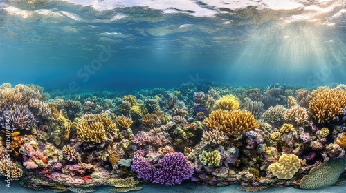 Vibrant coral garden habitat underwater captured in this photo highlights the beauty of colorful corals, offering a glimpse into a thriving marine ecosystem with ample copy space.