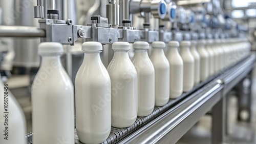 White milk bottles moving on a conveyor belt in a factory