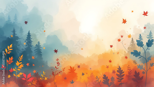 Beautiful elegant watercolor background with leaves and trees