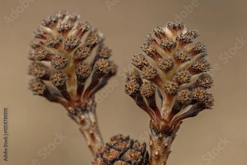 Close-up of Unique Pine Cones in Natural Brown Tones with Intricate Details Captured photo