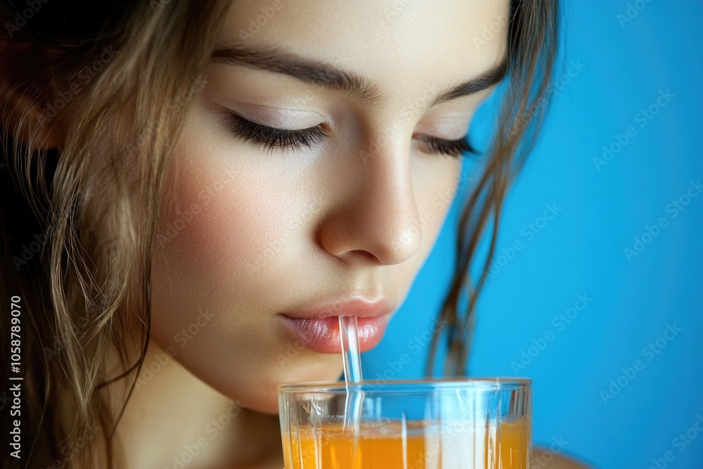 A woman enjoying a refreshing glass of orange juice A woman enjoying a refreshing glass of orange juice