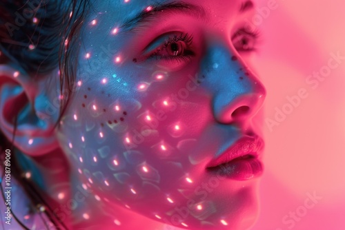 A close-up shot of a woman's face with an even, radiant complexion