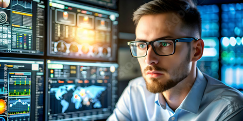 Close Up Portrait of Engineer Illuminated by Multiple Screens Displaying Complex Data and Designs, Highlighting Dedication and Advanced Engineering Expertise with Ample Copy Space for Text or Branding