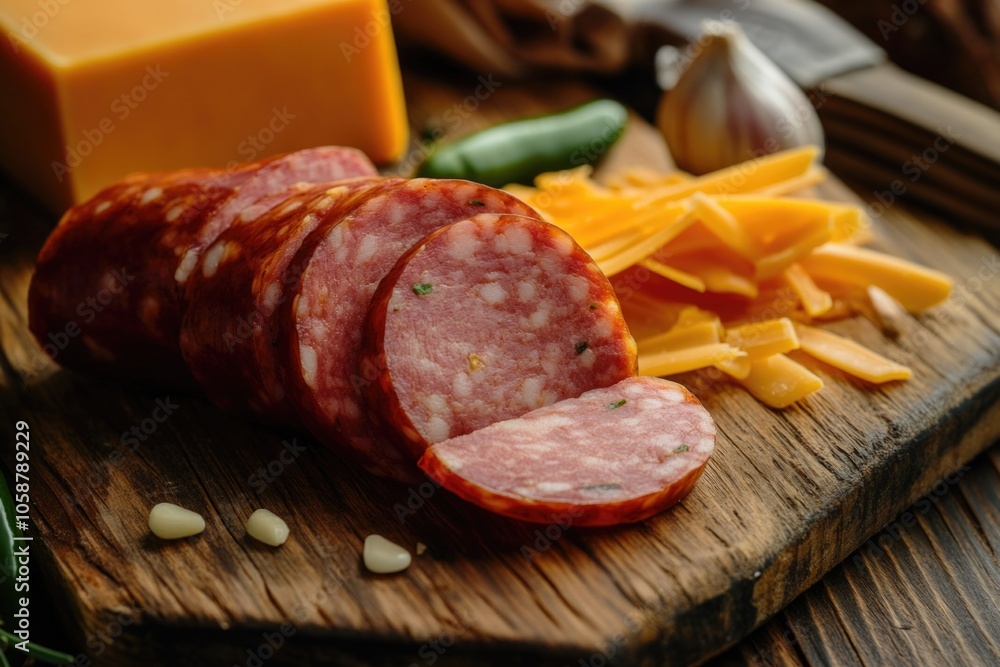 Freshly cut sausage and melted cheese arranged on a clean cutting board, perfect for breakfast or snack Freshly cut sausage and melted cheese arranged on a clean cutting board, perfect for breakfast or snack