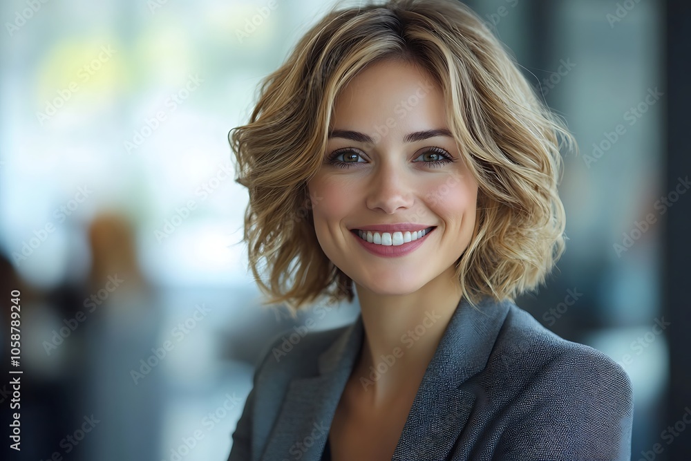 Smiling Blonde Woman in Grey Blazer, Business Portrait Headshot Smiling Blonde Woman in Grey Blazer, Business Portrait Headshot