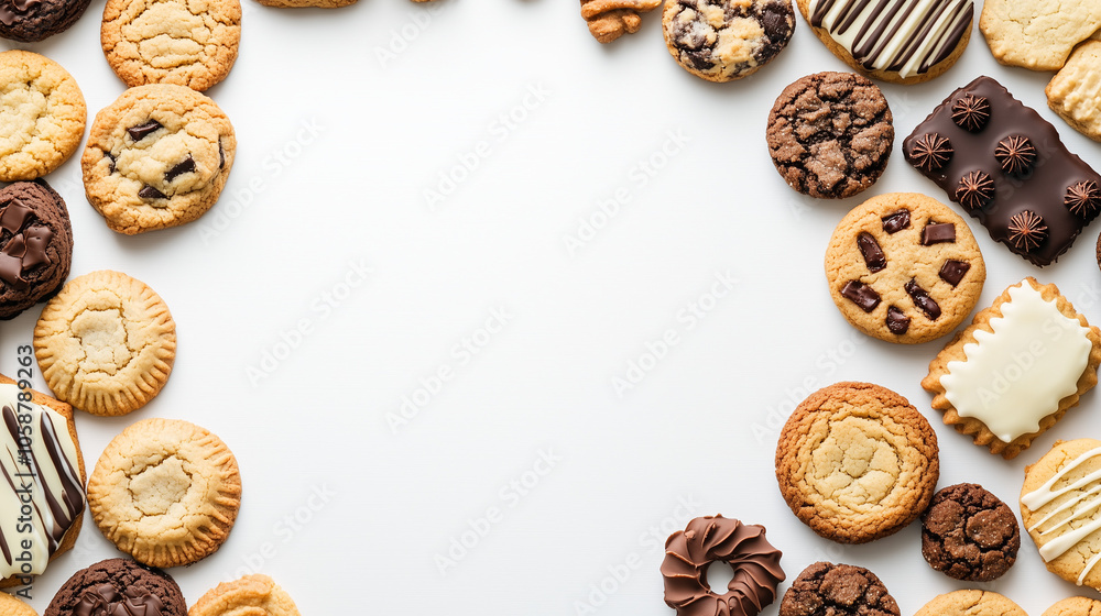 Lots of cookies on white background with copy space. Lots of cookies on white background with copy space.