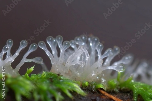 Macro View of Intricate Forest Fungus on Moss-Covered Wood
