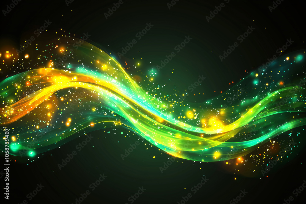 Fototapeta premium Abstract green and yellow glowing waves with sparkling dust.