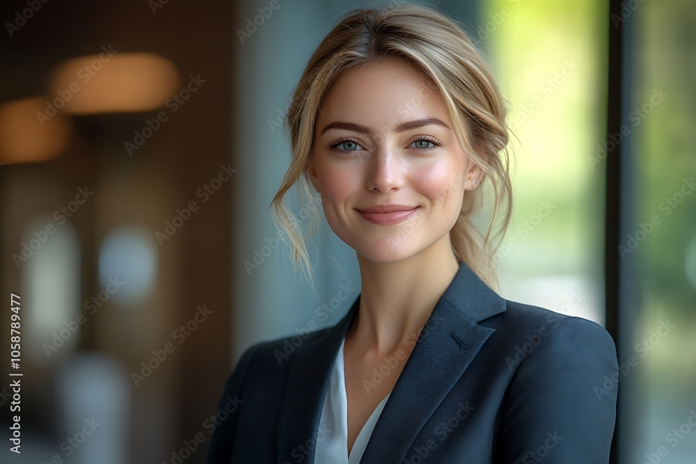 Smiling Blonde Woman in White Shirt and Blazer in Modern Office Smiling Blonde Woman in White Shirt and Blazer in Modern Office