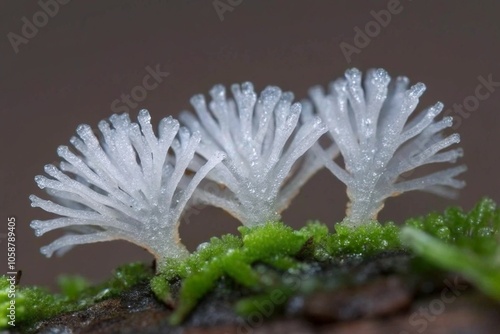 Macro Photo of White Coral Fungi on Moss-Covered Log in Forest Captures Nature's Intricate Beauty