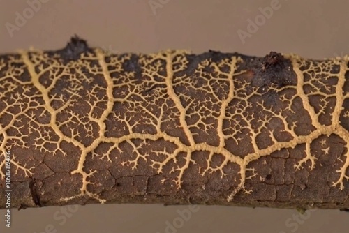 Close-up Image of Bright Yellow Slime Mold on a Brown Dark Tree Branch in Nature
