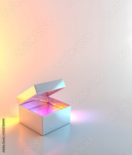 white glossy gift box with glossy illumination coming from inside isolated over bright background & copy space; vertical photo photo