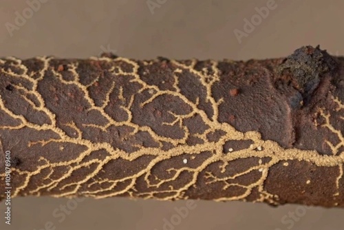 Close-up of intricate, branching slime mold displayed on damp, natural forest surface