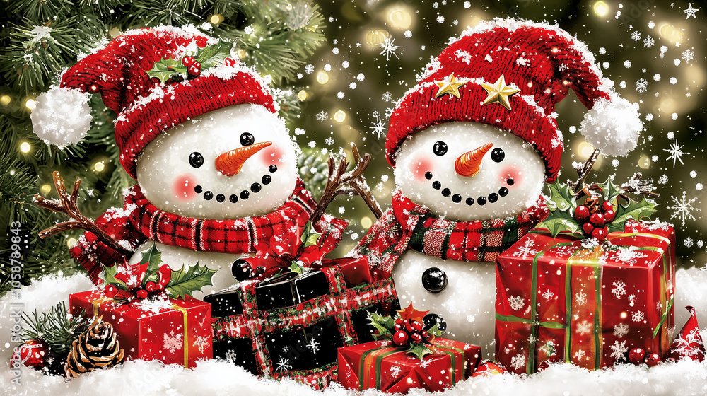 Two snowmen in red hats and scarves with Christmas gifts. Two snowmen in red hats and scarves with Christmas gifts.