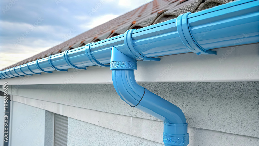 Naklejka premium A blue rain gutter system with decorative embellishments, seamlessly integrated with the roofline and siding of a residential dwelling.