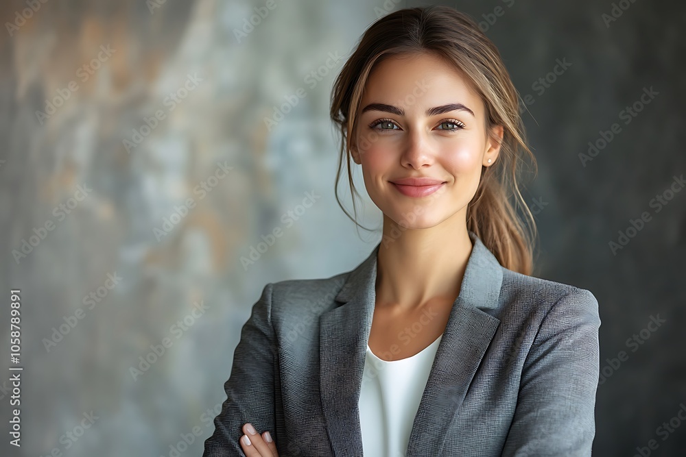 Professional Businesswoman in Grey Blazer with Confident Smile Professional Businesswoman in Grey Blazer with Confident Smile
