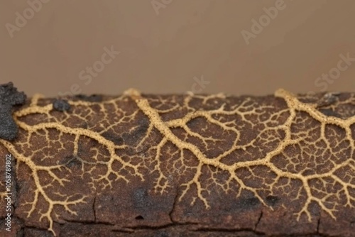 Intricate Fungus Network on Decayed Wood Log Captured in Macro Detail with Earthy Tones