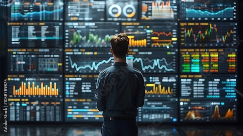 A person analyzing data on multiple digital screens in a modern workspace.