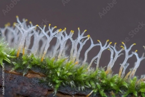 Macro Shot of Unique White Fungi and Moss on Log in Natural Habitat