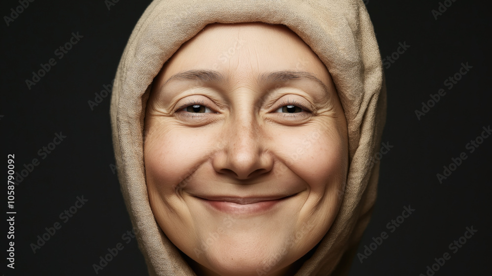 Close-up portrait of a smiling middle-aged person wearing a beige headscarf against a dark background, emphasizing facial expressions and natural skin texture. Close-up portrait of a smiling middle-aged person wearing a beige headscarf against a dark background, emphasizing facial expressions and natural skin texture.