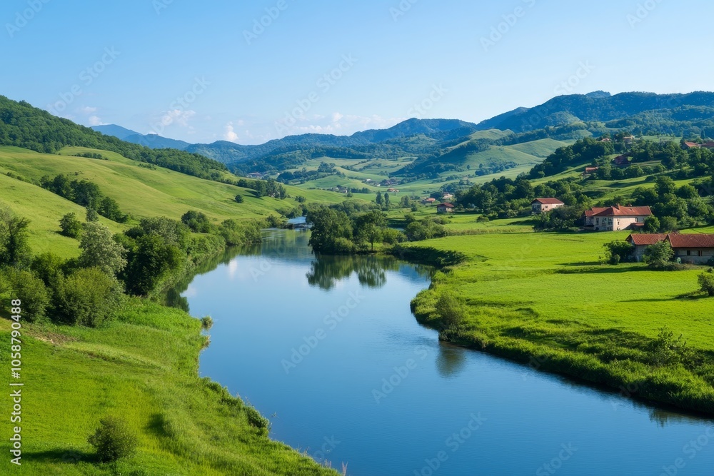 A breathtaking view of a tranquil countryside landscape with lush greenery and a flowing river under a clear blue sky in serene harmony. A breathtaking view of a tranquil countryside landscape with lush greenery and a flowing river under a clear blue sky in serene harmony.