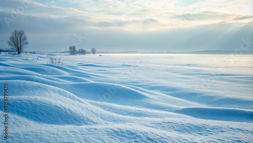 A pristine expanse of snow-covered land, sculpted by gentle winds into rolling waves, stretching out towards a hazy horizon under a pale, ethereal sky.