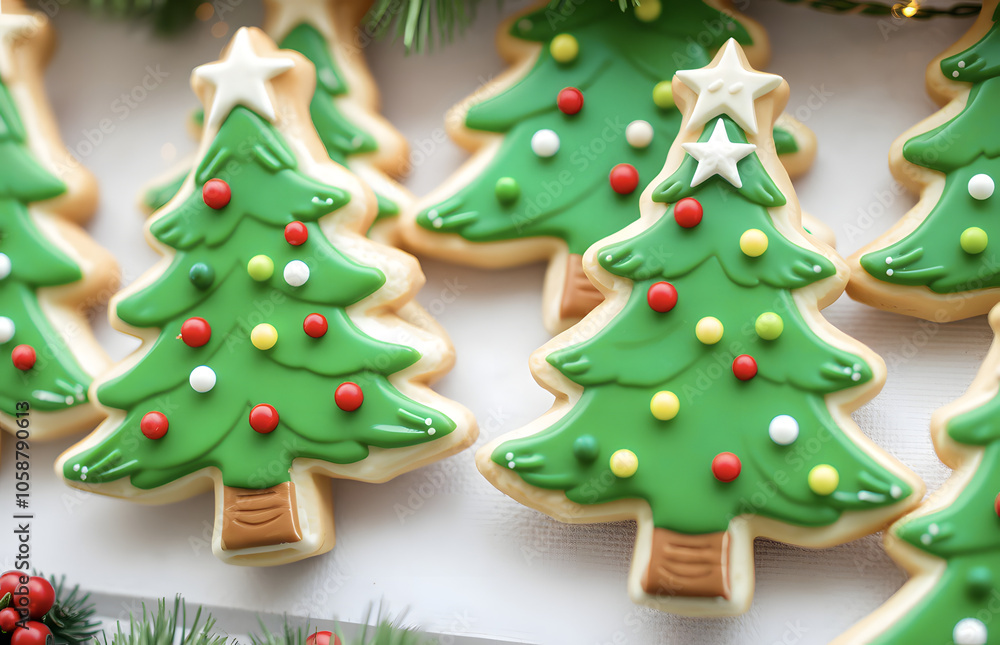 Decorative cookies in the form of a green Christmas tree with festive decorations. Decorative cookies in the form of a green Christmas tree with festive decorations.