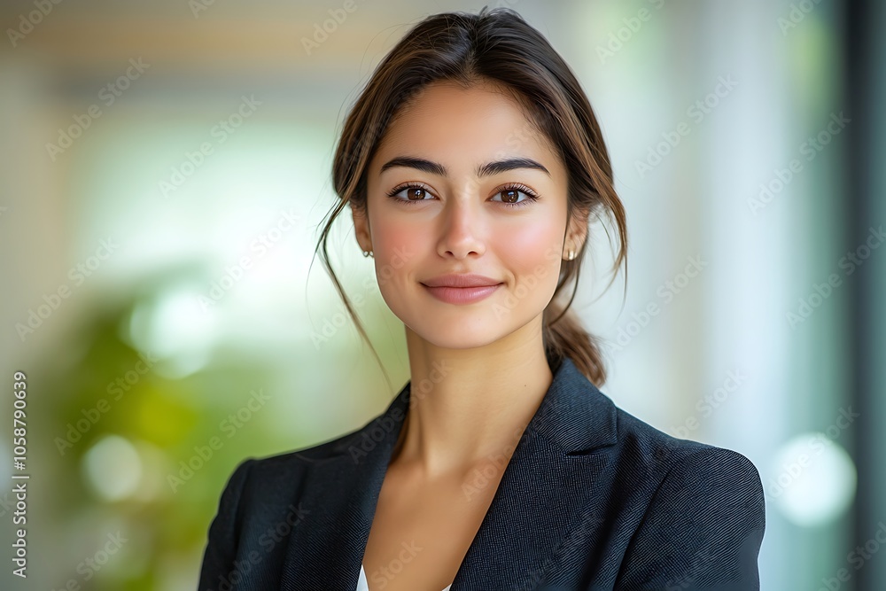 Professional Businesswoman with Confident Smile in Office Setting Professional Businesswoman with Confident Smile in Office Setting