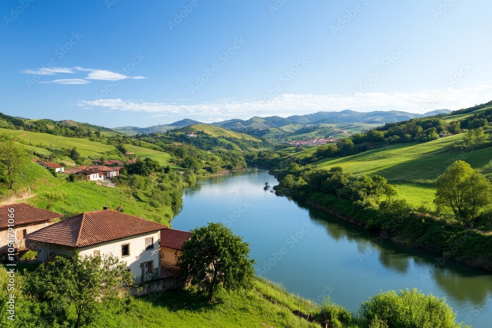 A Breathtaking View of a Peaceful River Flowing Through Lush Green Hills Under a Bright Blue Sky A Breathtaking View of a Peaceful River Flowing Through Lush Green Hills Under a Bright Blue Sky
