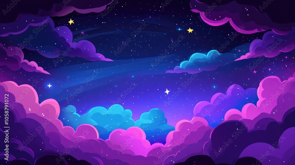 Purple and Blue Nebula Clouds with Stars Animated Cartoon Vector Illustration Purple and Blue Nebula Clouds with Stars Animated Cartoon Vector Illustration