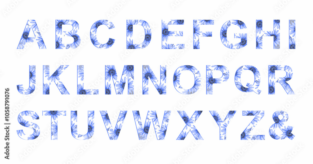 Collection Sunflowers Alphabet Set on white background. Alphabet letters with watercolor hand-drawn pattern with sunflowers in blue. Design for wedding, birthday, baby shower, any creative ideas. Collection Sunflowers Alphabet Set on white background. Alphabet letters with watercolor hand-drawn pattern with sunflowers in blue. Design for wedding, birthday, baby shower, any creative ideas.