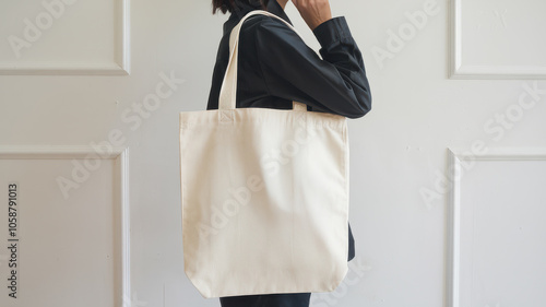 Woman standing with a minimalist style carries a blank white canvas tote bag against a plain background photo