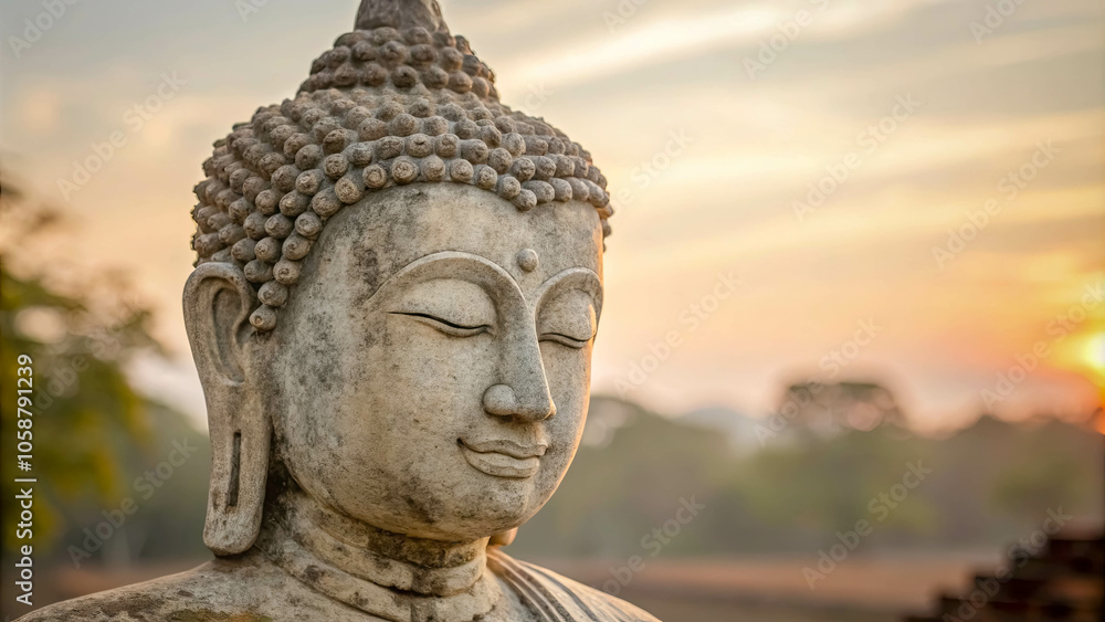 Tranquil Stone Face of a Buddha Statue Gazing Out at the Setting Sun, Serene and Peaceful, Immersed in a Moment of Deep Reflection Tranquil Stone Face of a Buddha Statue Gazing Out at the Setting Sun, Serene and Peaceful, Immersed in a Moment of Deep Reflection