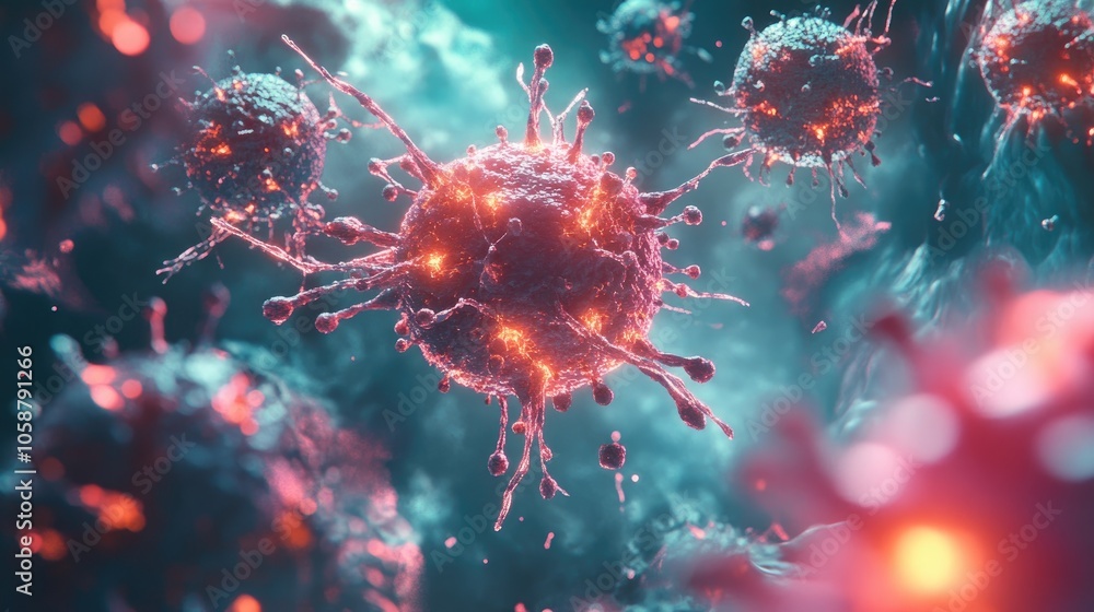 3D illustration of cancer cells and viruses highlighting advancements in cancer research and cell proliferation 3D illustration of cancer cells and viruses highlighting advancements in cancer research and cell proliferation