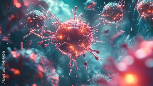 3D illustration of cancer cells and viruses highlighting advancements in cancer research and cell proliferation