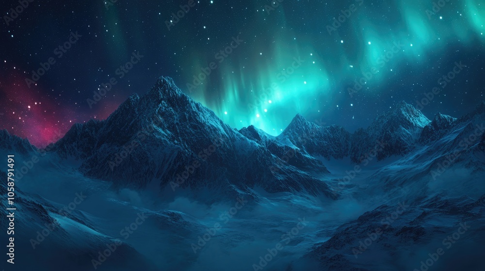 Auroras illuminating snowy mountains creating a stunning winter night scene with ample copy space Auroras illuminating snowy mountains creating a stunning winter night scene with ample copy space